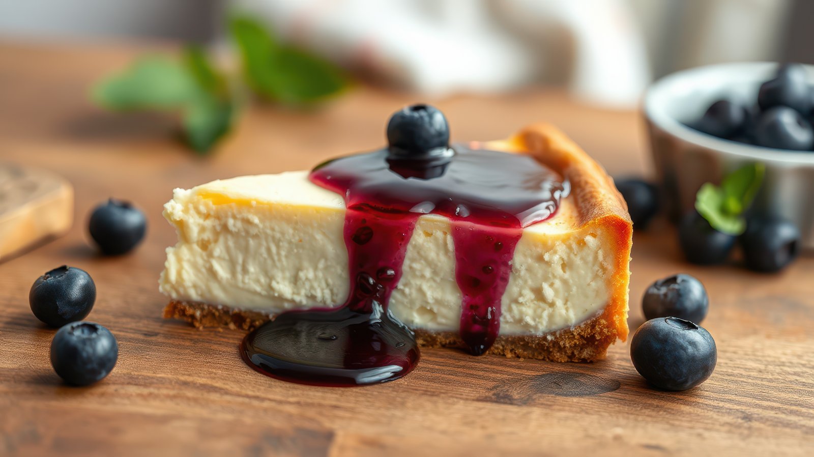 Creamy cheesecake slice topped with berry sauce and fresh blueberries on a wooden table